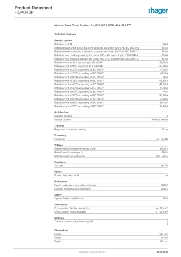 Image Hager Product data sheet HDA040P  | Hager