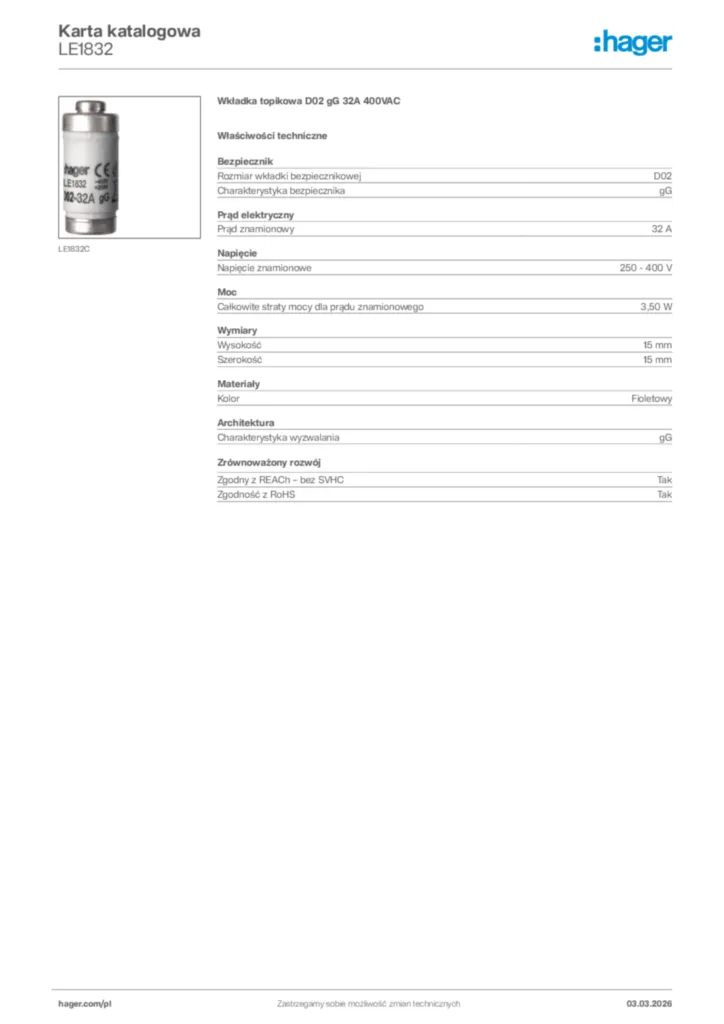 Zdjęcie Hager Karta katalogowa LE1832 | Hager Polska