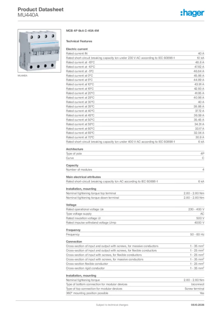 Image Hager Product data sheet MU440A  | Hager Africa
