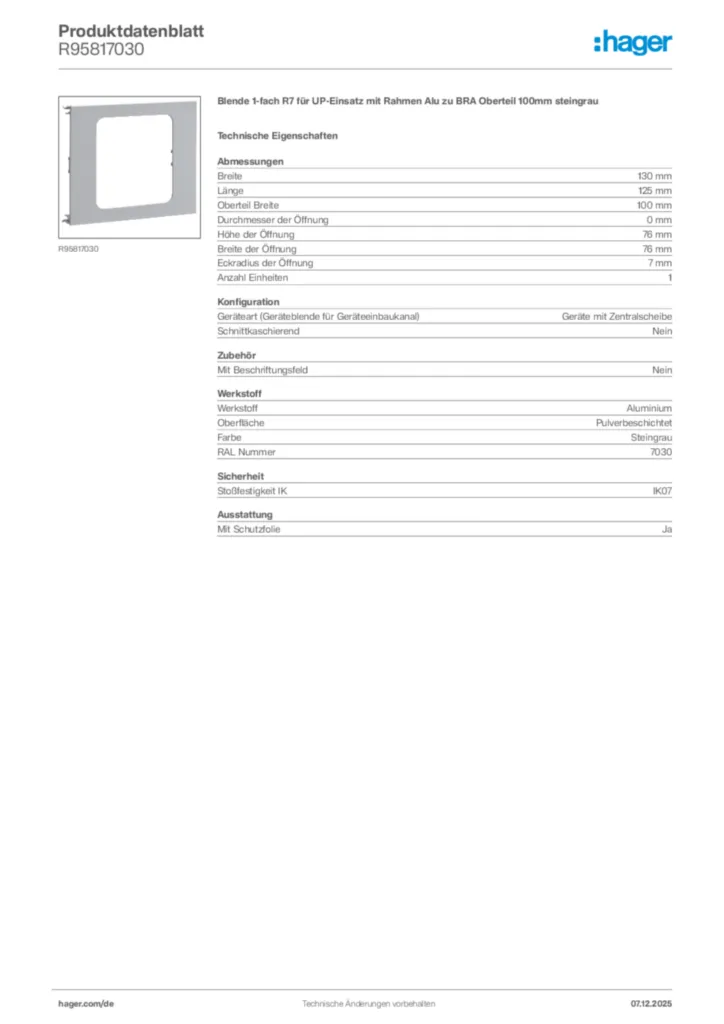 Bild Hager Produktdatenblatt R95817030 | Hager Deutschland