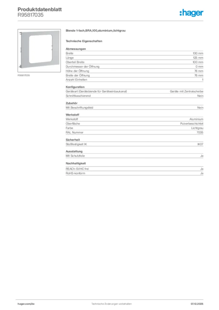 Bild Hager Produktdatenblatt R95817035 | Hager Deutschland
