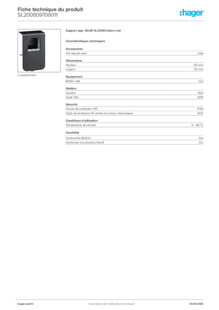 Image Hager Fiche technique du produit SL200809709011 | Hager France
