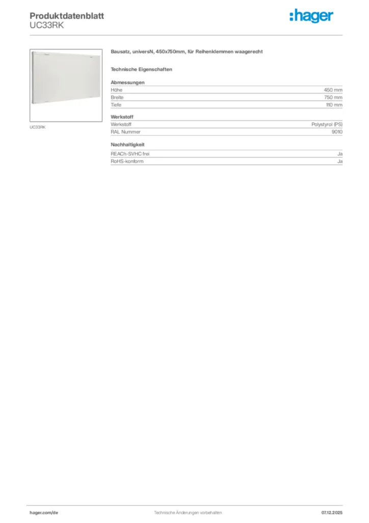 Bild Hager Produktdatenblatt UC33RK | Hager Deutschland