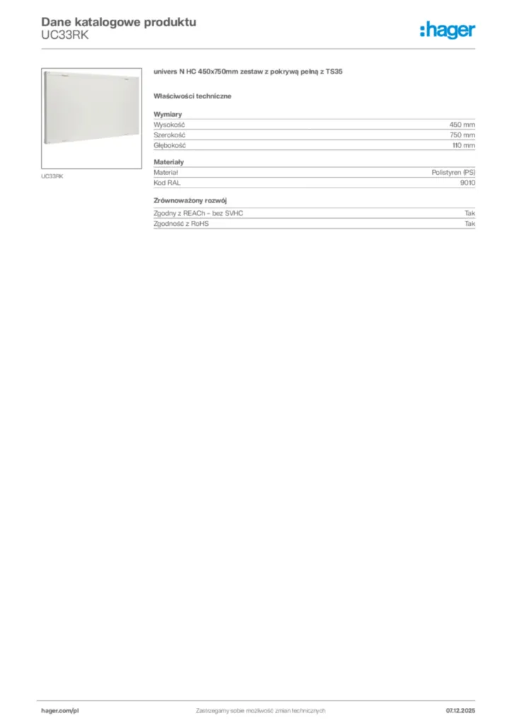 Zdjęcie Hager Karta katalogowa UC33RK | Hager Polska