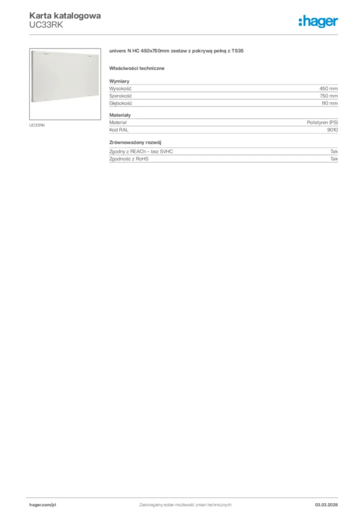Zdjęcie Hager Karta katalogowa UC33RK | Hager Polska