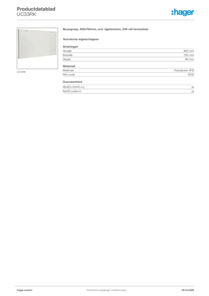 Afbeelding Hager Productdatablad UC33RK | Hager Nederland