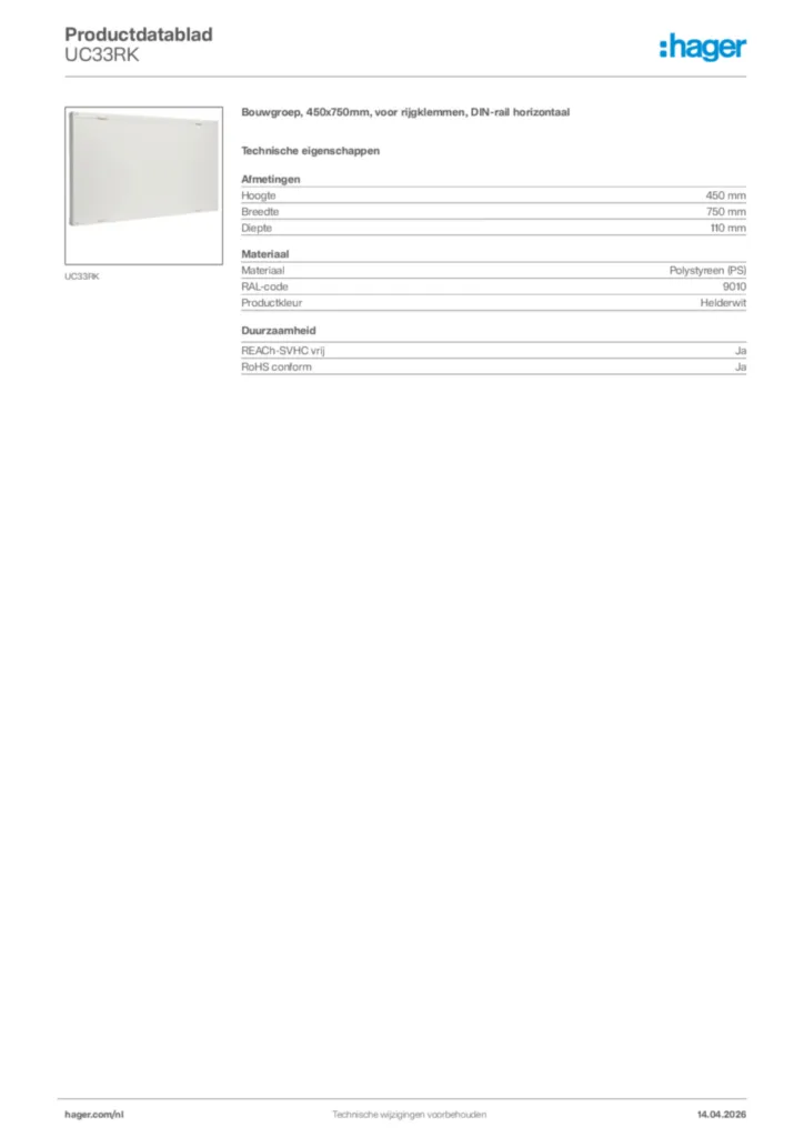 Afbeelding Hager Productdatablad UC33RK | Hager Nederland