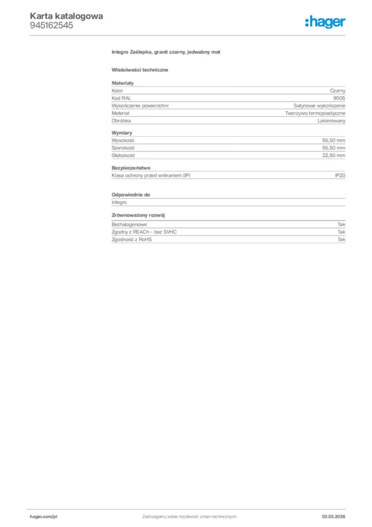 Zdjęcie Hager Karta katalogowa 945162545 | Hager Polska