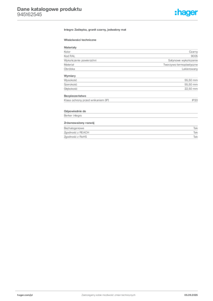 Zdjęcie Hager Dane katalogowe produktu 945162545 | Hager Polska
