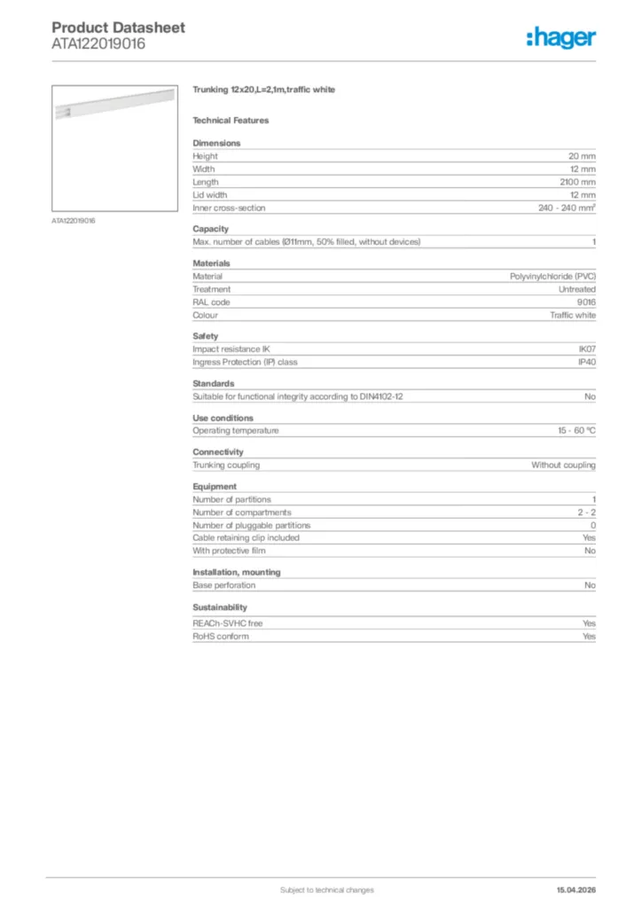 Image Hager Product data sheet ATA122019016  | Hager Africa