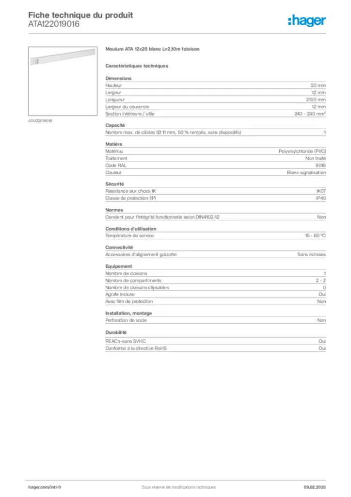 Image Hager Fiche technique du produit ATA122019016 | Hager Afrique