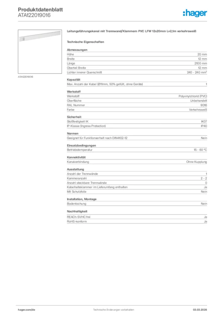 Bild Hager Produktdatenblatt ATA122019016 | Hager Deutschland