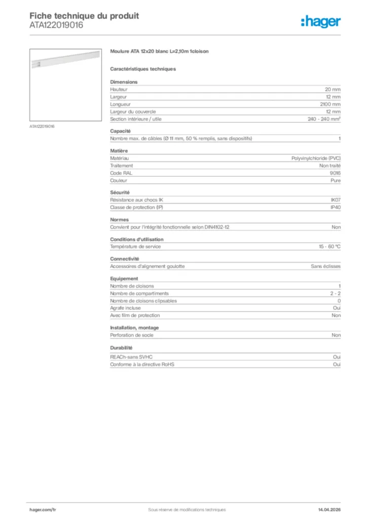 Image Hager Fiche technique du produit ATA122019016 | Hager France