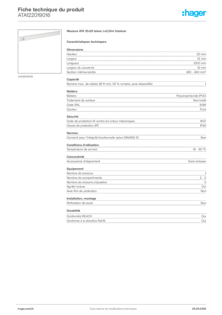 Image Hager Fiche technique du produit ATA122019016 | Hager France