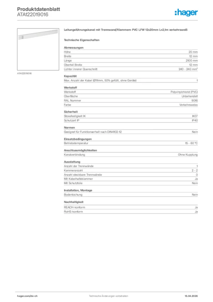 Bild Hager Produktdatenblatt ATA122019016 | Hager Schweiz