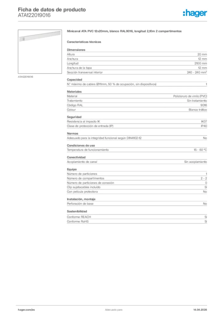 Imagen Hager Ficha de datos de producto ATA122019016 | Hager España
