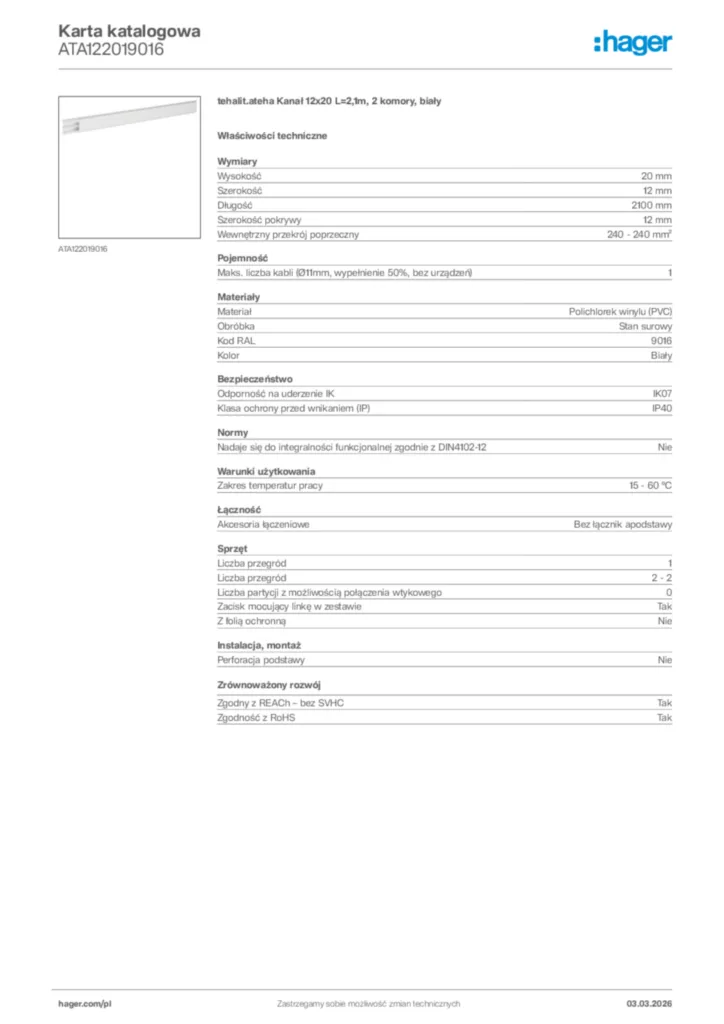 Zdjęcie Hager Karta katalogowa ATA122019016 | Hager Polska