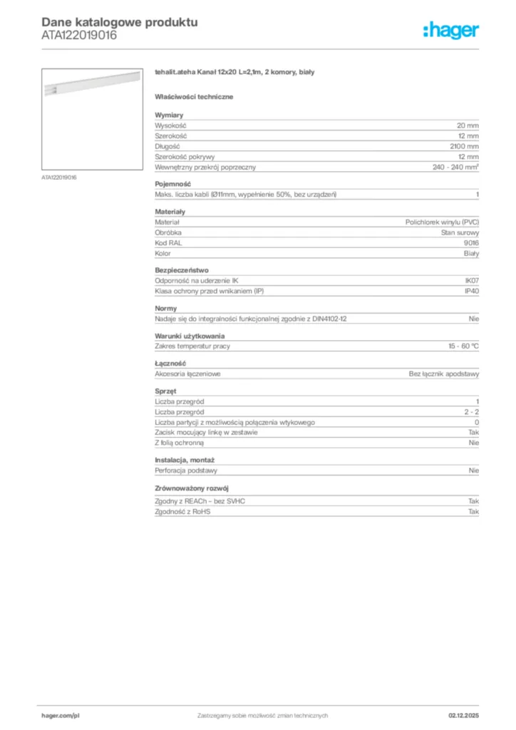 Zdjęcie Hager Dane katalogowe produktu ATA122019016 | Hager Polska