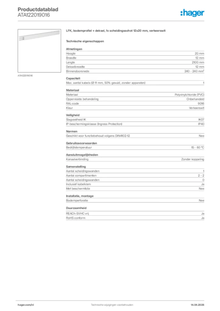Afbeelding Hager Productdatablad ATA122019016 | Hager Nederland