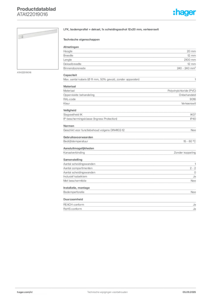Afbeelding Hager Productdatablad ATA122019016 | Hager Nederland