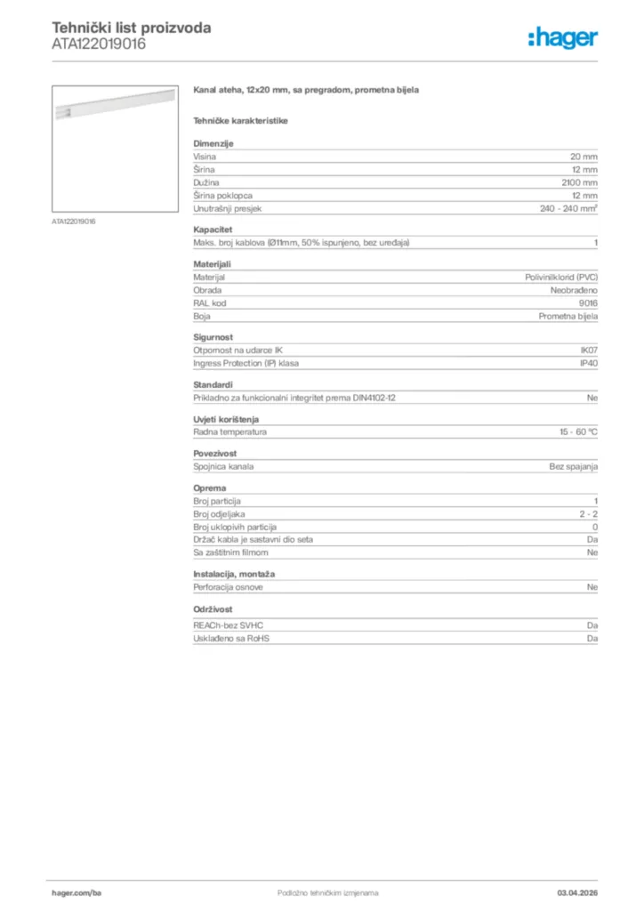 Slika Hager Tehnički list proizvoda ATA122019016  | Hager