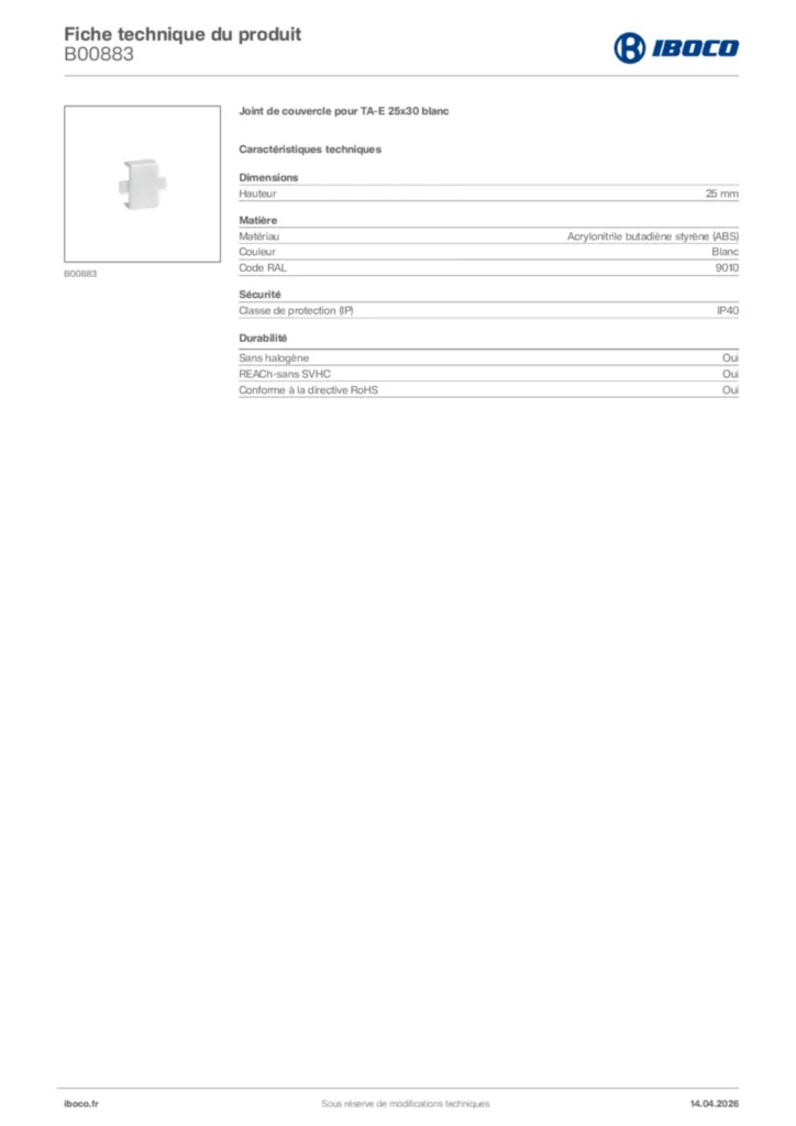 Image Iboco Fiche technique du produit B00883 | Hager France