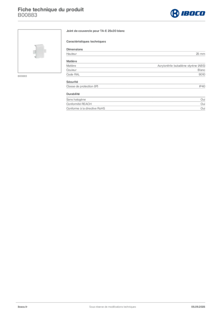 Image Iboco Fiche technique du produit B00883 | Hager France