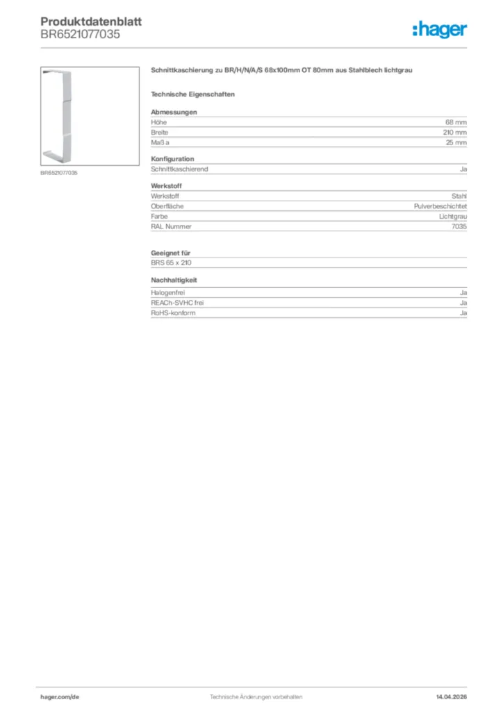 Bild Hager Produktdatenblatt BR6521077035 | Hager Deutschland