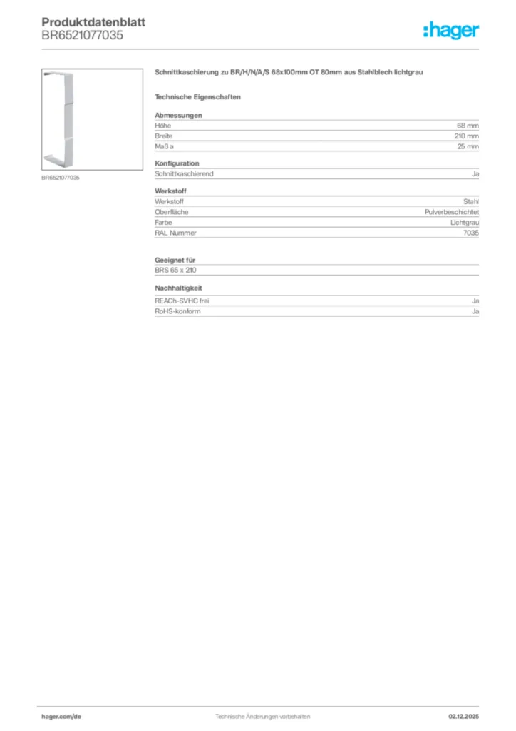 Bild Hager Produktdatenblatt BR6521077035 | Hager Deutschland