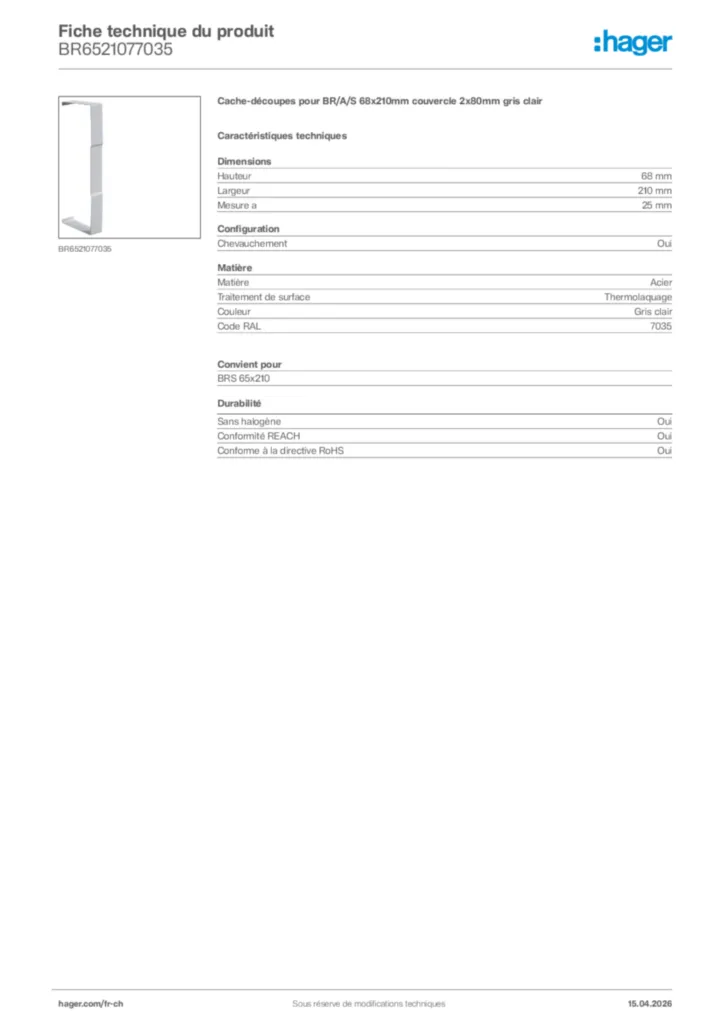 Image Hager Fiche technique du produit BR6521077035 | Hager Suisse