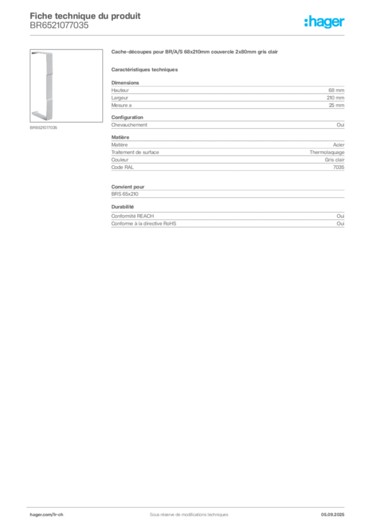 Image Hager Fiche technique du produit BR6521077035 | Hager Suisse