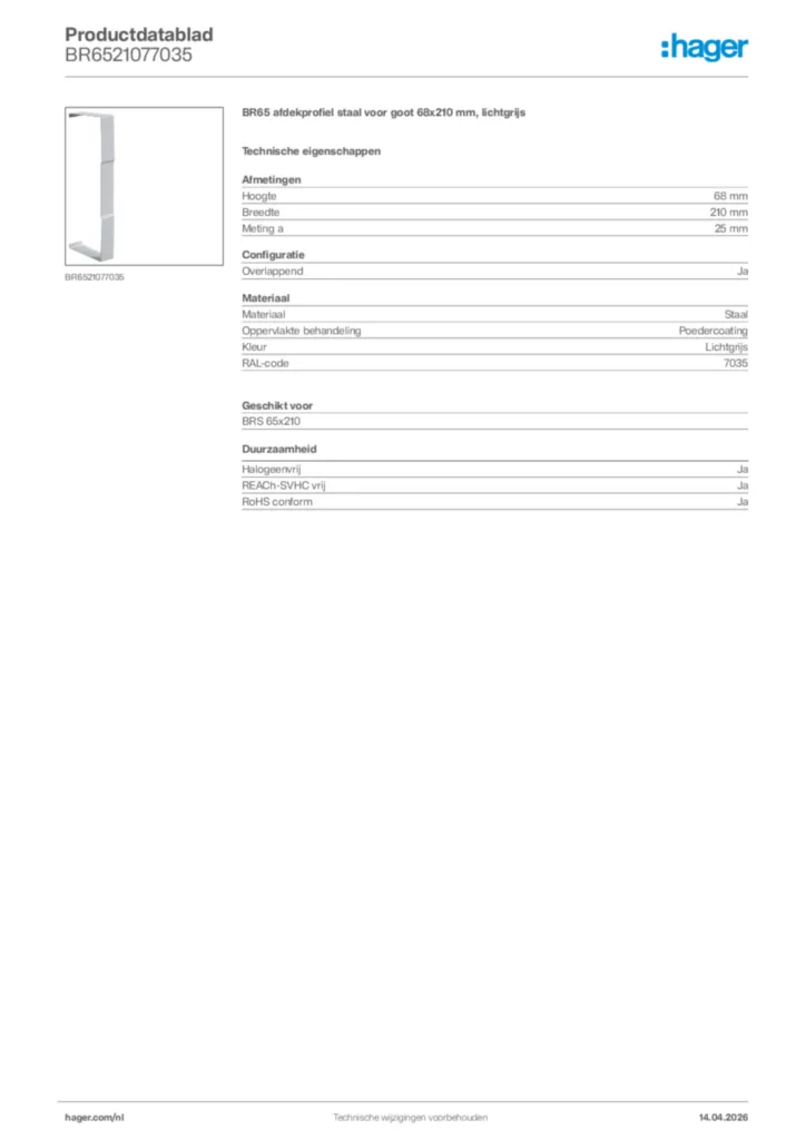 Afbeelding Hager Productdatablad BR6521077035 | Hager Nederland
