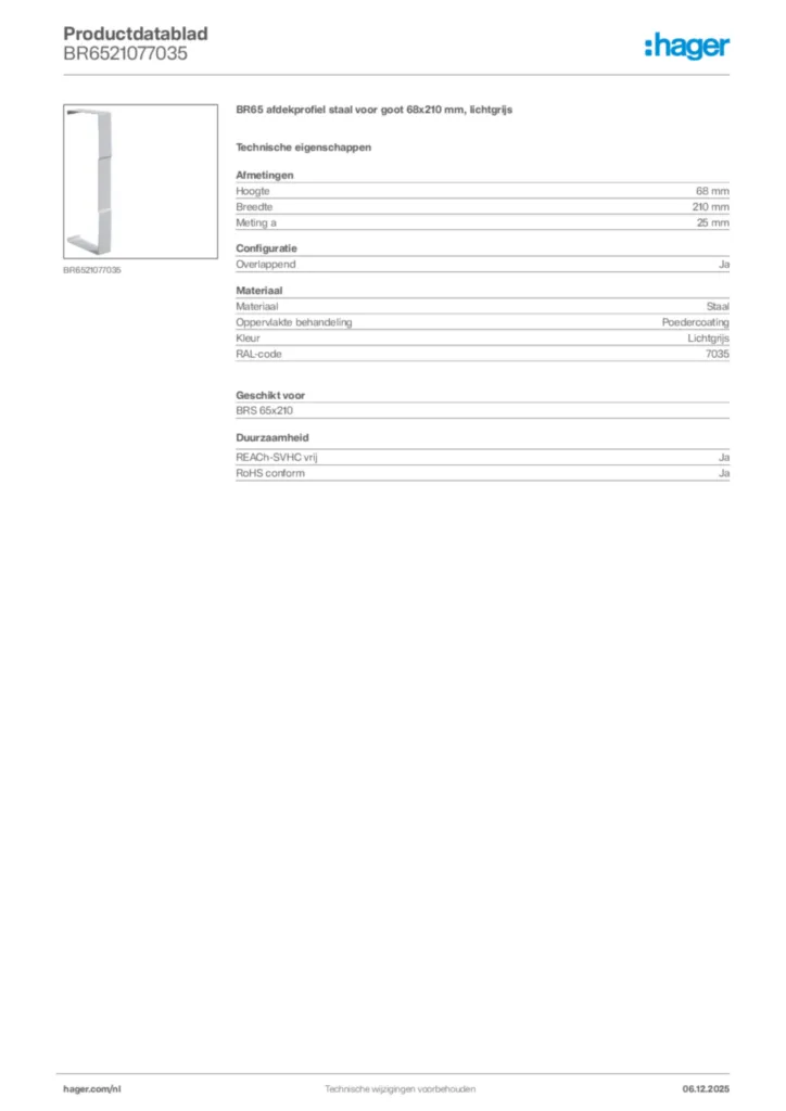 Afbeelding Hager Productdatablad BR6521077035 | Hager Nederland