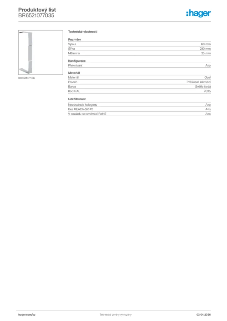 Obrázek Hager Product data sheet BR6521077035 | Hager