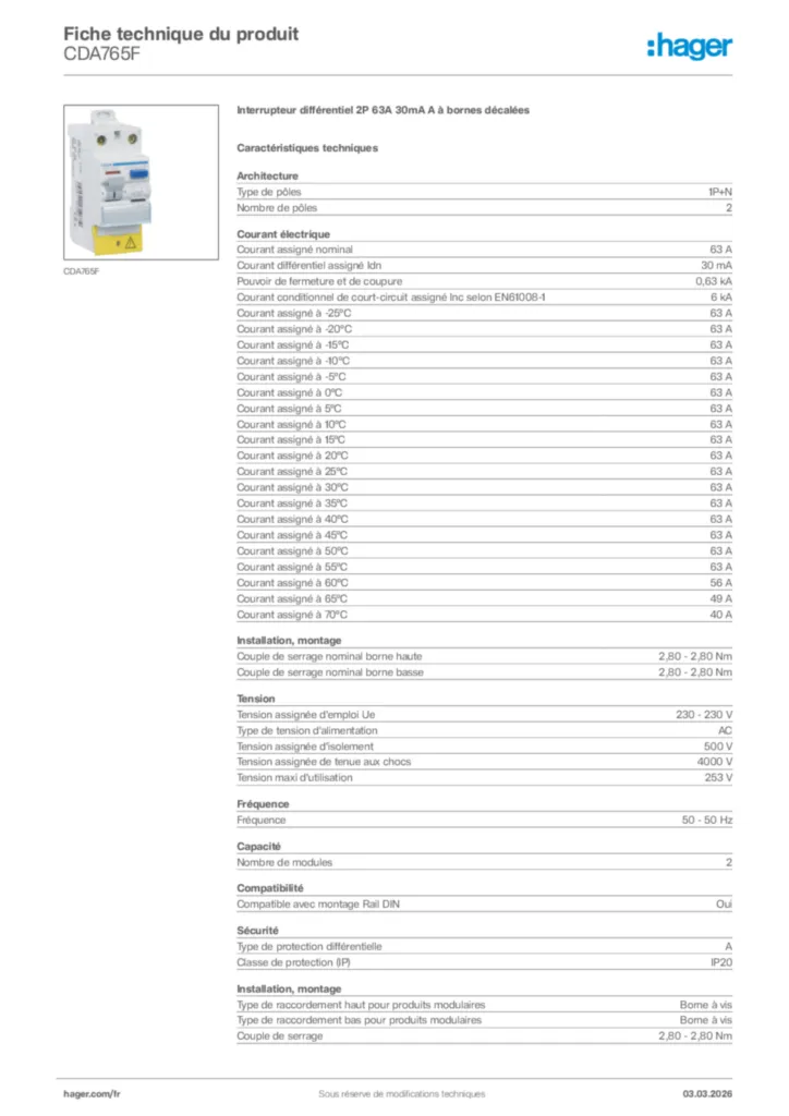 Interrupteur Différentiel Réarmable HAGER CDA263SC - 2 Pôles, 63A, 30mA, Norme EN 61008