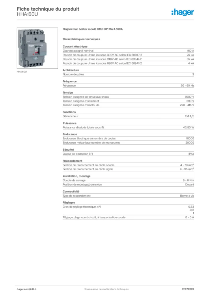 Image Hager Fiche technique du produit HHA160U | Hager Afrique