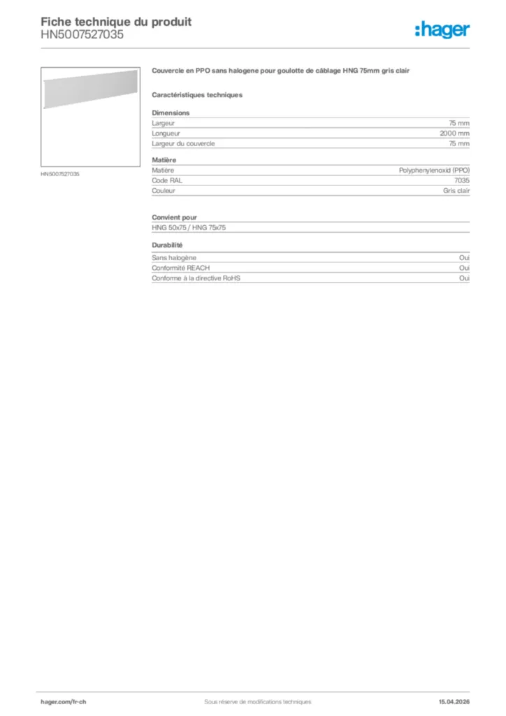 Image Hager Fiche technique du produit HN5007527035 | Hager Suisse