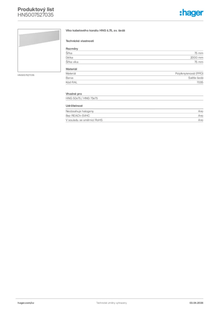Obrázek Hager Product data sheet HN5007527035 | Hager