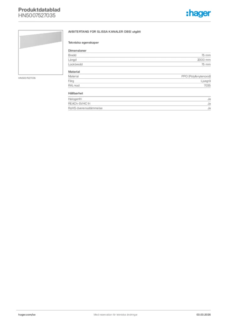 Bild Hager Produktdatablad HN5007527035 | Hager Sverige
