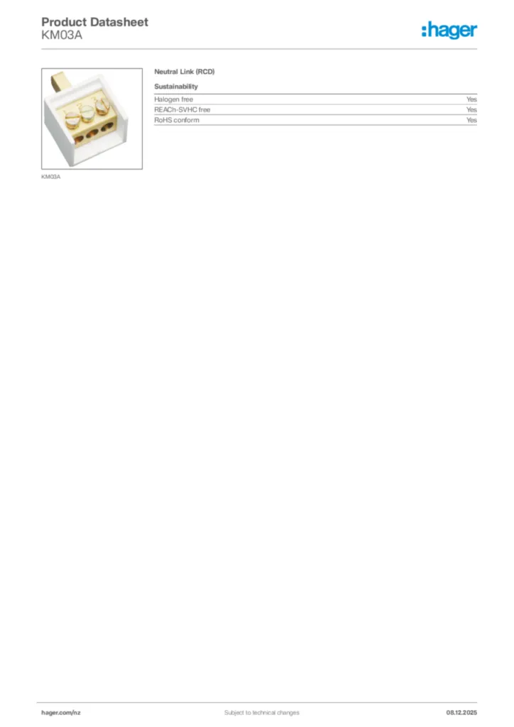 Image Hager Product data sheet KM03A  | Hager New Zealand
