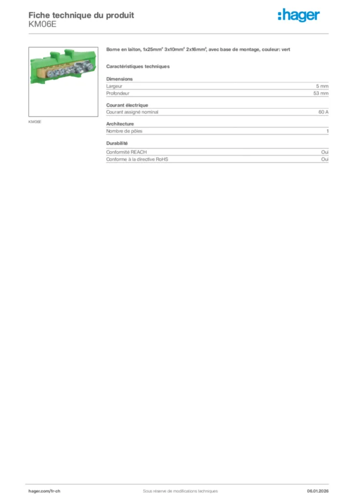 Image Hager Fiche technique du produit KM06E | Hager Suisse