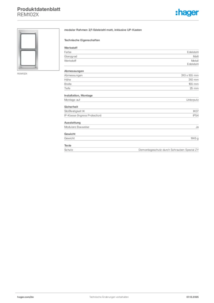 Hager Produktdatenblatt REM102X