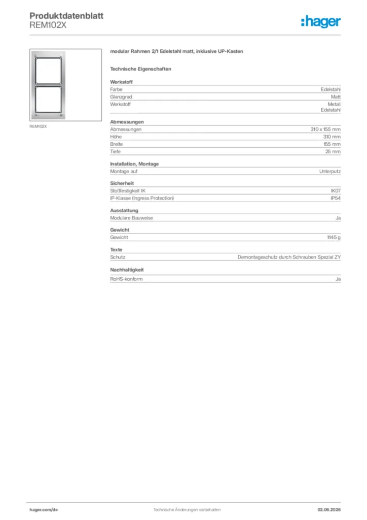 Bild Hager Produktdatenblatt REM102X | Hager Deutschland