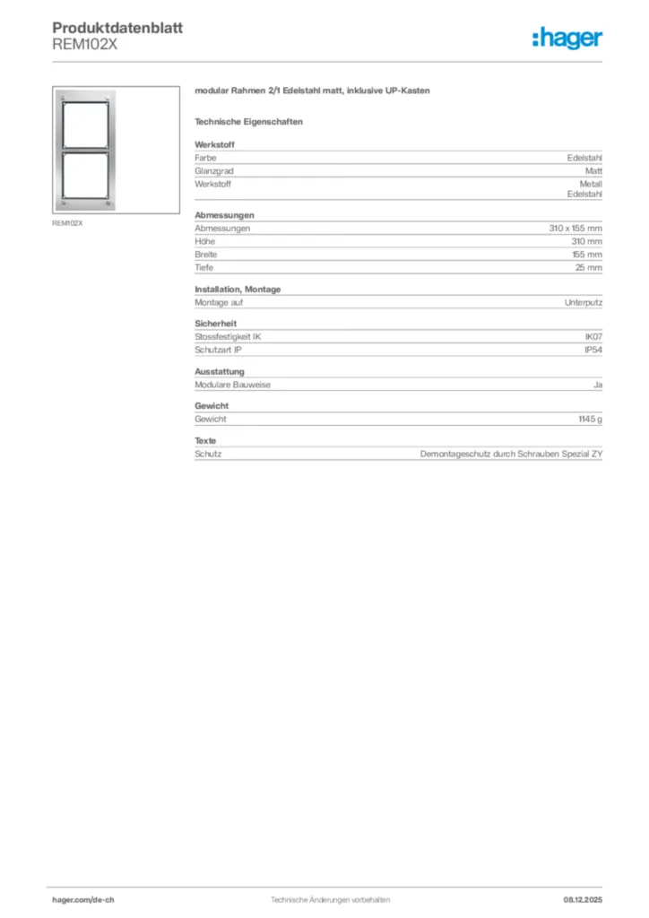 Bild Hager Produktdatenblatt REM102X | Hager Schweiz