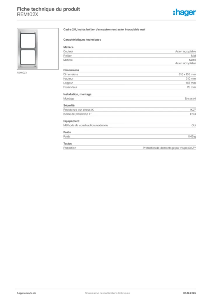 Image Hager Fiche technique du produit REM102X | Hager Suisse