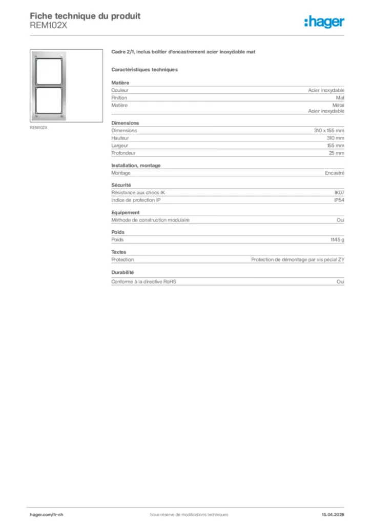 Image Hager Fiche technique du produit REM102X | Hager Suisse
