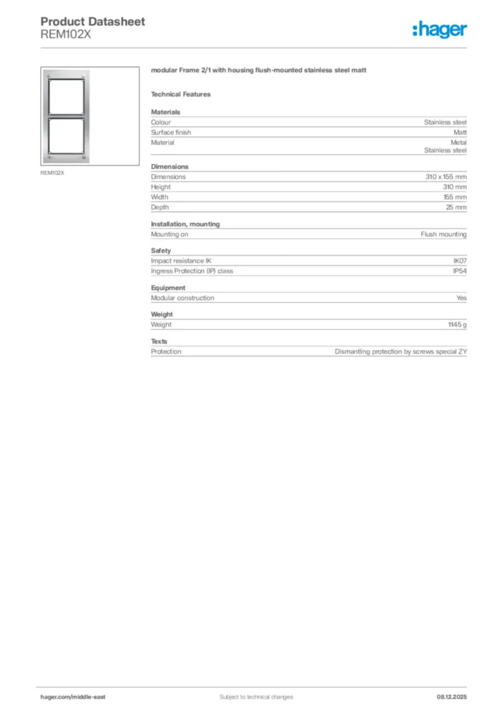 Image Hager Product data sheet REM102X  | Hager
