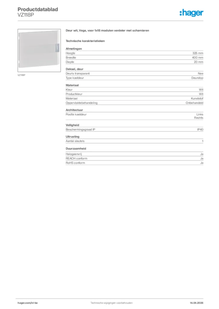 Afbeelding Hager Productdatablad VZ118P | Hager Belgium
