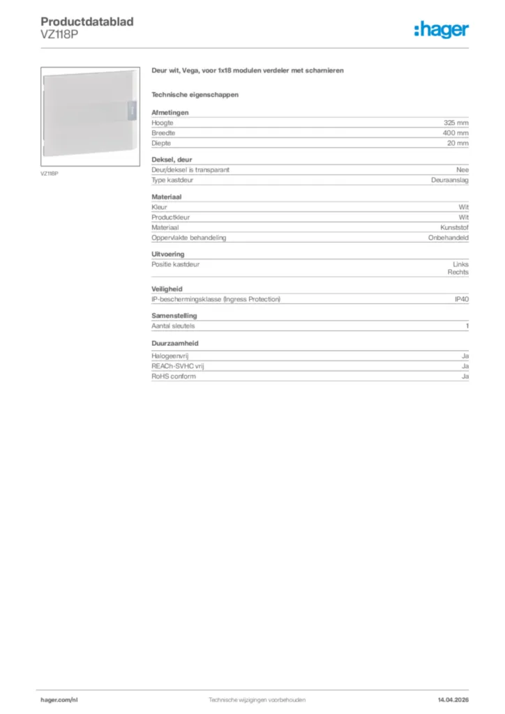 Afbeelding Hager Productdatablad VZ118P | Hager Nederland