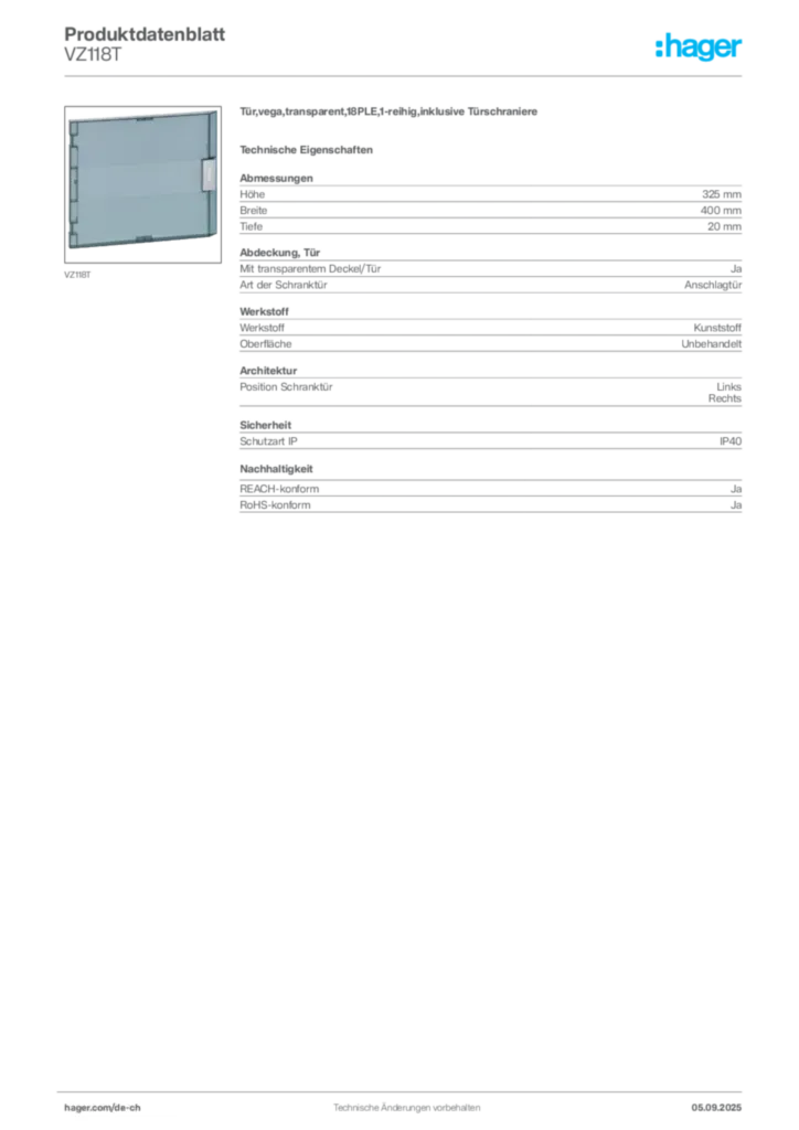 Bild Hager Produktdatenblatt VZ118T | Hager Schweiz